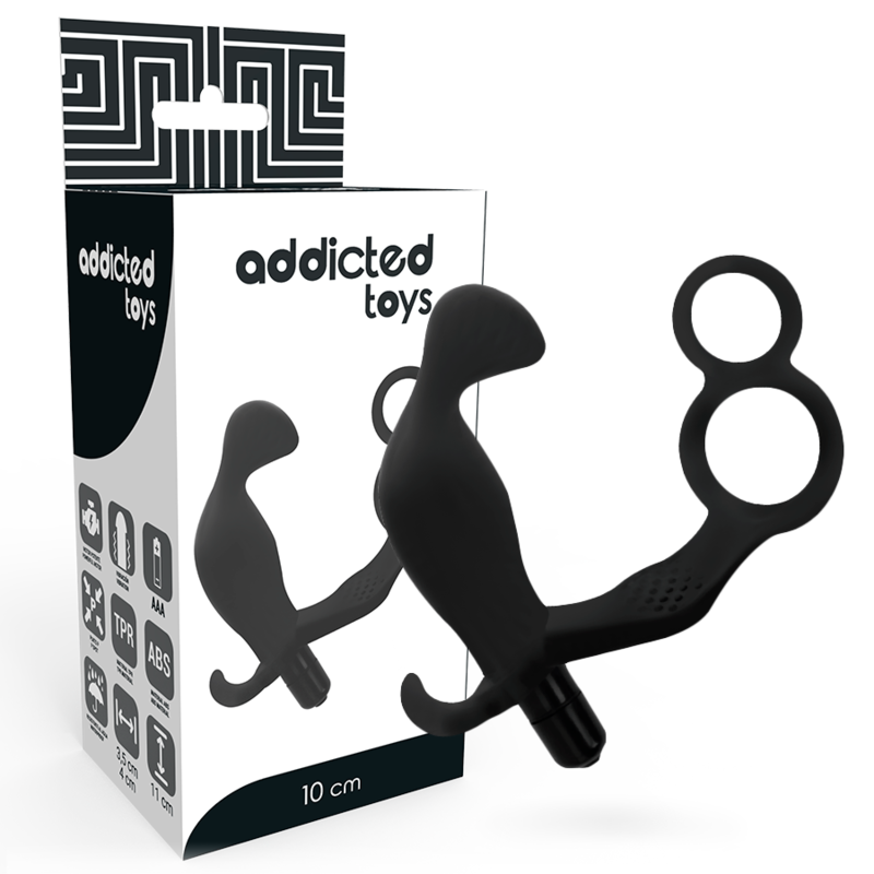 Addicted Toys - Buttplug met double penisring en testicles zwart