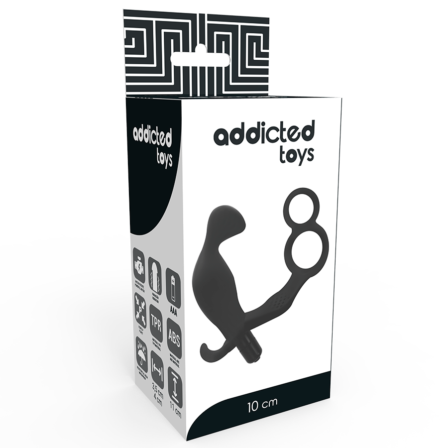Addicted Toys - Buttplug met double penisring en testicles zwart