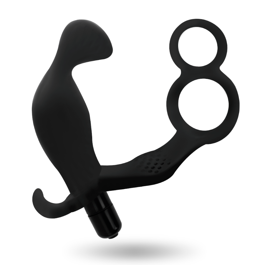 Addicted Toys - Buttplug met double penisring en testicles zwart