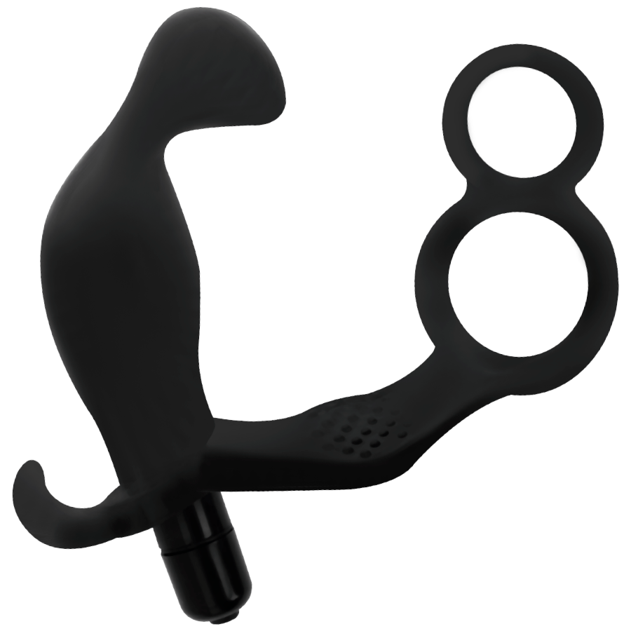Addicted Toys - Buttplug met double penisring en testicles zwart