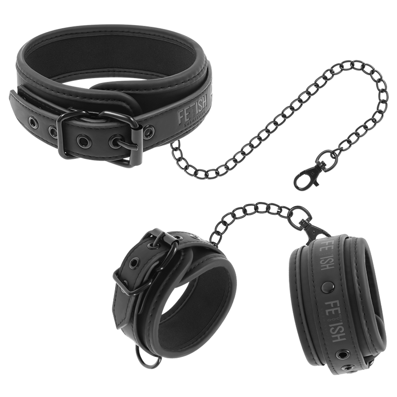 Fetish Submissive - Vegan leather necklace en handcuffs met noprene lining